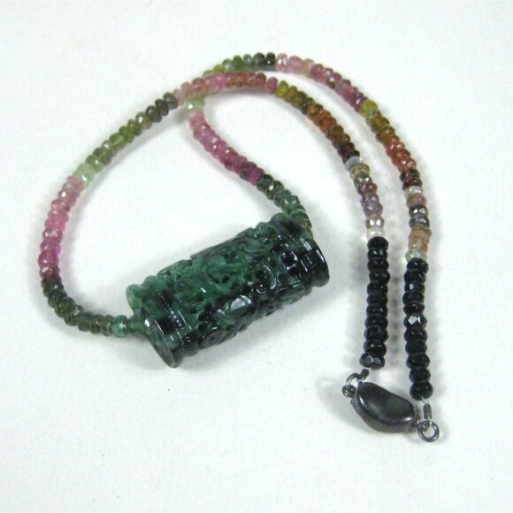 Tourmaline Faceted Bead Necklace Carved Jade Pendant Sterling Silver Clasp 18 In - Picture 8 of 13